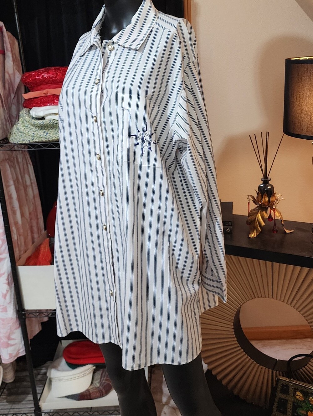 80s Oak Hill Blue White Striped Oversized Button Front Shirt Women's L USA